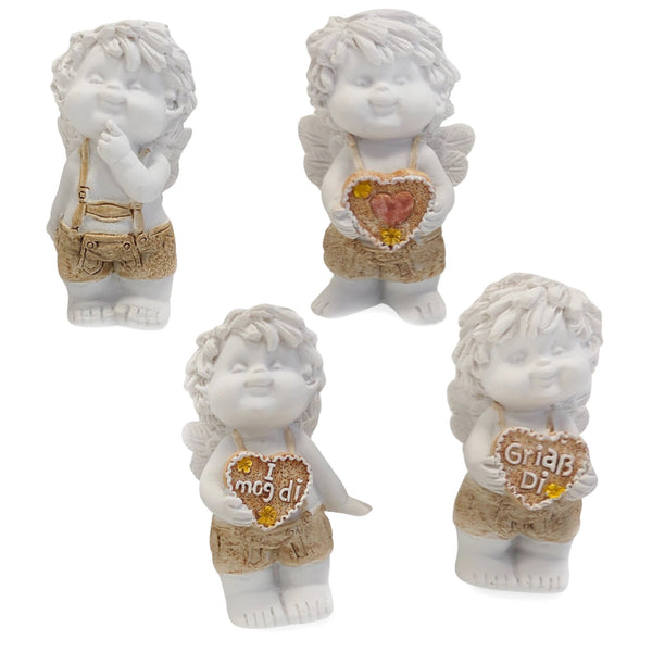 Engel in Tracht mit Lebkuchenherz 4er Set 7 cm weiße Dekofiguren in Lederhose als Bayern-Souvenir, Mini-Engel im Trachtenstil für Oktoberfest & Geschenke