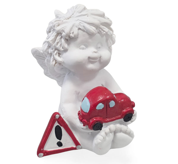 Sitzender Igor-Schutzengel mit Auto & Schild weiß-coloriert 6-7 cm Schutzengel Figur für Autofahrer