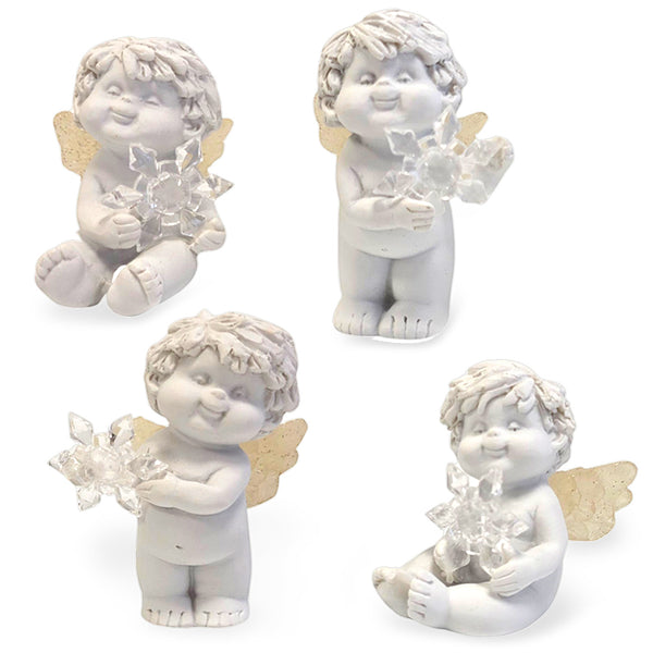 Winterengel Igor mit Eiskristall 4er Set  weiße Mini-Engel Dekofiguren 6-7 cm hoch, Winterdeko Engel Sortiert