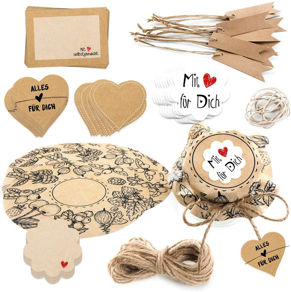 Deko Set 81-tlg. für Selbstgemachtes - Gläserdeckchen + Aufkleber + Kraftpapier-Anhänger