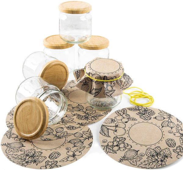 6 Einmachgläser mit Schraubdeckel + 10 grüne Schmuckdeckchen aus Recyclingpapier