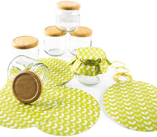 6 kleine Marmeladengläser 212 ml mit 6 x 3 bunten Marmeladendeckchen