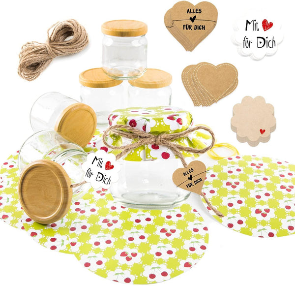 6 kleine Einmachgläser + 6 Gläserdeckchen rot mit Früchten + 4 x 10 Geschenkaufkleber