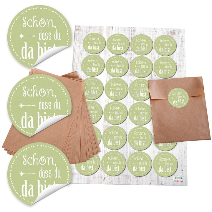 24 braune Papiertüten 13 x 18 cm + Aufkleber „Schön, dass du da bist“ – Gastgeschenk-Tüten für Hochzeit & Geburtstag - Foto 1