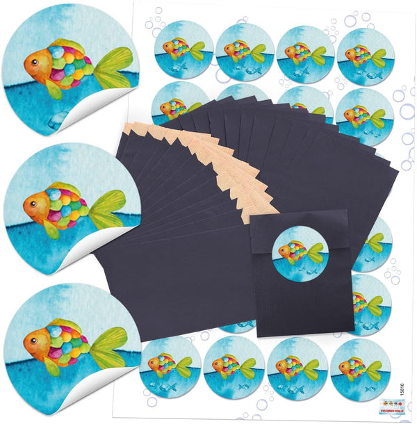 Blaue Papiertüten 7 x 9 cm oder 13 x 18 cm + Aufkleber Regenbogenfisch – Für Kommunion, Kinder & Give-Aways