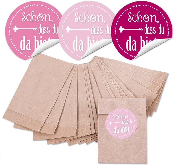48 kleine weiße Papier-Tüten Geschenkbeutel Tütchen für give-aways 13 x 18 cm + 48 runde Aufkleber 4 cm in grau, rosa, rose, weiß DANKE - als Verpackung für Gastgeschenke
