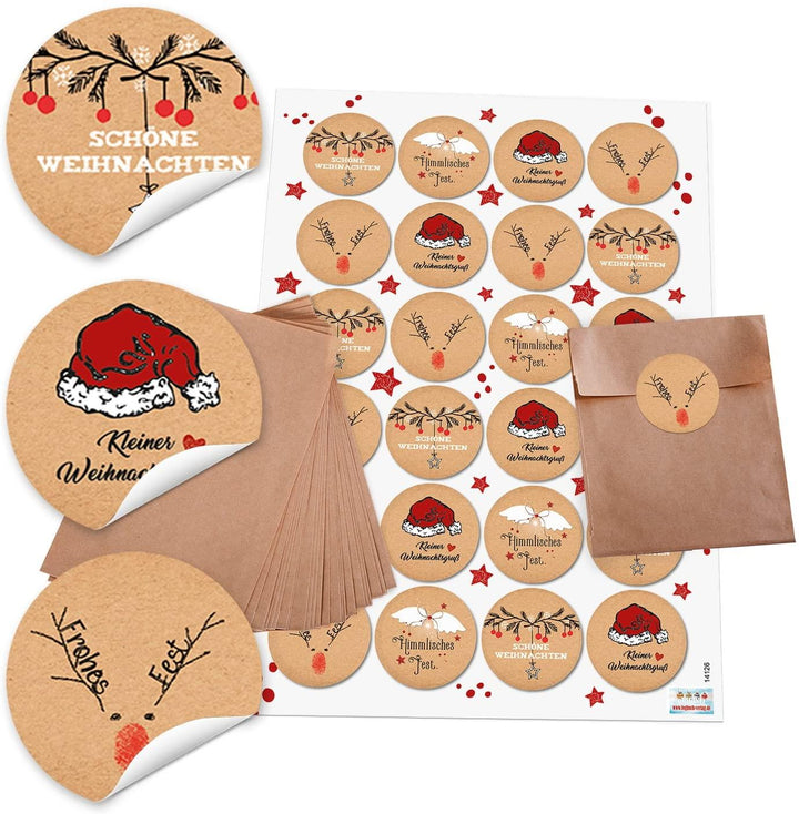 24 braune MINI Papier Tüten (6,3 x 9,3 cm) und 24 runde Weihnachts-Weihnachts-Aufkleber Sticker"Flocken türkis weiß" zum liebenvollen Verpacken von kleinen Geschenken und anderen Dingen; 1a Qualität!
