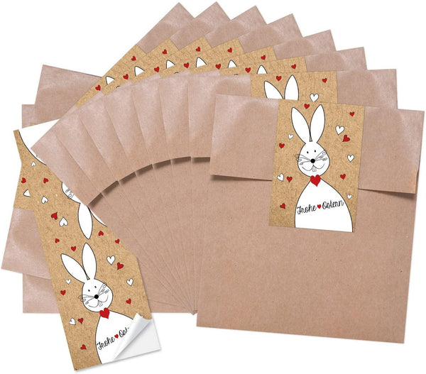 Braune Ostertüten 13 x 18 cm + Oster-Banderolen „Frohe Ostern“ – Geschenkverpackung mit Hasenmotiv