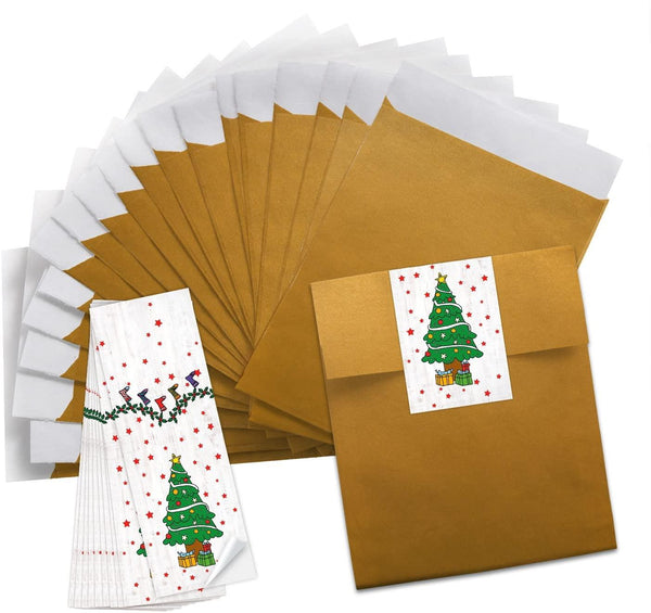 Goldene Mini-Papiertüten mit Weihnachtsaufklebern – 13 x 18 cm oder 9,5 x 14 cm – Weihnachten & Give-Aways