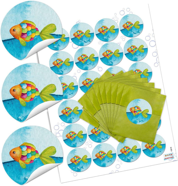 Kleine grüne Papiertüten 7 x 9 cm + Regenbogenfisch-Aufkleber – Für Kommunion, Kinder & Give-Aways