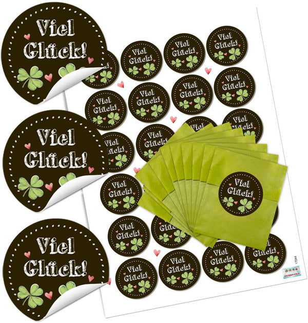 24 grüne Papiertüten 9,5 x 14 cm + Aufkleber „VIEL GLÜCK“ – Geschenkbeutel für Silvester, Prüfung & Neujahr