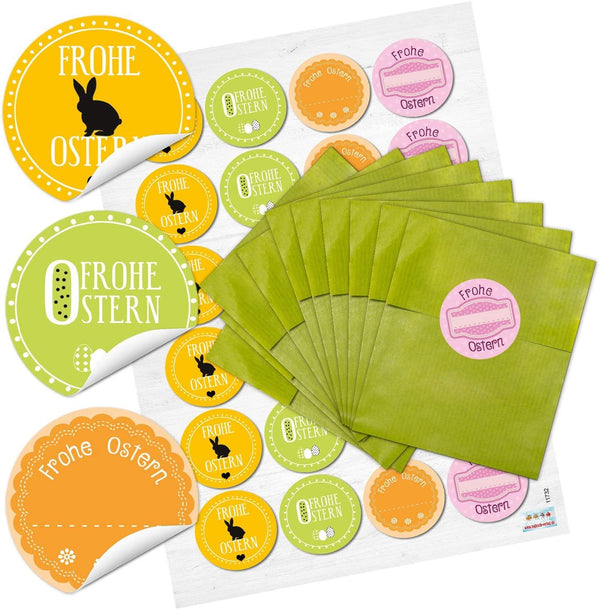 24 grüne Ostertüten 9,5 x 14 cm + runde Osteraufkleber – Geschenkverpackung für Kinder & Give-Aways