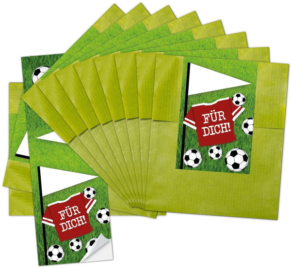 10 kleine grüne Papiertüten Geschenktüten Geschenk-Verpackung (9,5 x 14 cm) mit beschreibbarem Aufkleber Fußball"Für Dich"; perfekt für die Fußball-Party und jeden Fußball-Fan