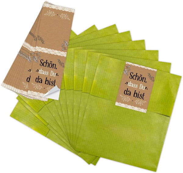 10 kleine grüne Papiertüten Ostertüten Osternest 13 x 18 cm + 10 Osteraufkleber 5 x 15 cm vintage Hase Osterhase Ostern Herz rot Verpackung Geschenke Aufkleber Kraftpapier