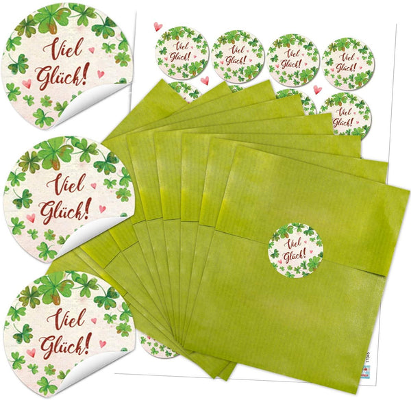 24 grüne Papiertüten 13 x 18 cm + Aufkleber „VIEL GLÜCK“ – Kleeblatt & Herz – Für Silvester & Prüfungen
