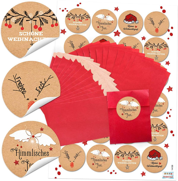 Rote Weihnachtstüten + 24 Weihnachtsaufkleber Ø 4 cm – Geschenkverpackung für Kunden, Mitarbeiter & Freunde