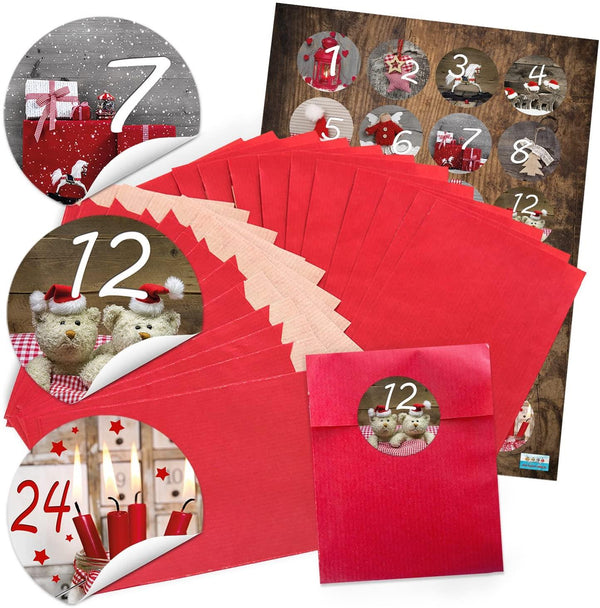 24 rote Adventskalender-Tüten 9,5 x 14 cm + Aufkleber 1–24 – Set zum Befüllen