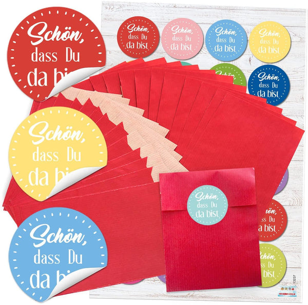 24 rote Adventskalender Tüten SET 9,5 x 14 cm + runde FOTOMOTIVE Aufkleber Zahlen Sticker 1 bis 24 zum Befüllen