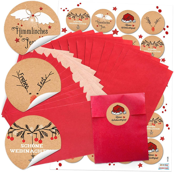24 rote Adventskalender Tüten SET (9,5 x 14 cm) und 24 runde Aufkleber 4 cm Zahlen 1-24 grün gepunktet mit roter Mütze zum Befüllen