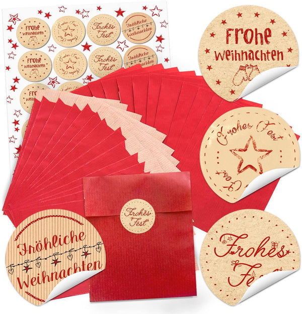 Logbuch-Verlag 24 Papiertüten rot 9,5 x 14 cm + 24 Aufkleber VIEL GLÜCK Sticker Kleeblatt Herzen schwarz weiß Give-Away Geschenk z. Prüfung Silvester Neujahr Kraftpapier