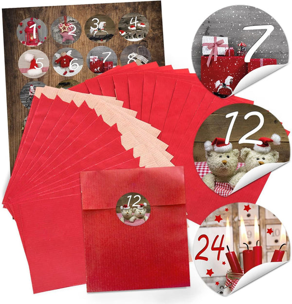 24 rote Geschenktüten zu Weihnachten (13 x 18 cm) und 24 runde Weihnachts-Aufkleber Sticker"Flocken rot weiß" zum liebenvollen Verpacken von kleinen Geschenken und anderen Dingen; 1a Qualität!