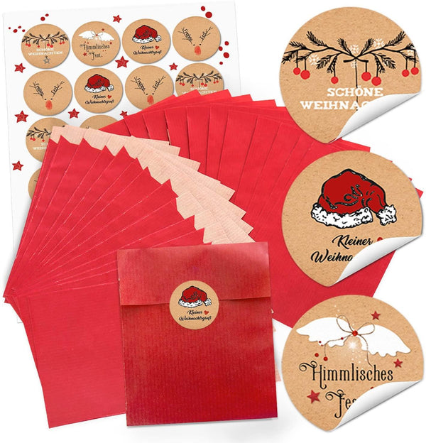 Logbuch-Verlag 24 rote Papiertüten Weihnachtstüten + 24 Aufkleber Weihnachtswünsche Verpackung braun beige Weihnachtsgrüße Geschenk Frohe Weihnachten