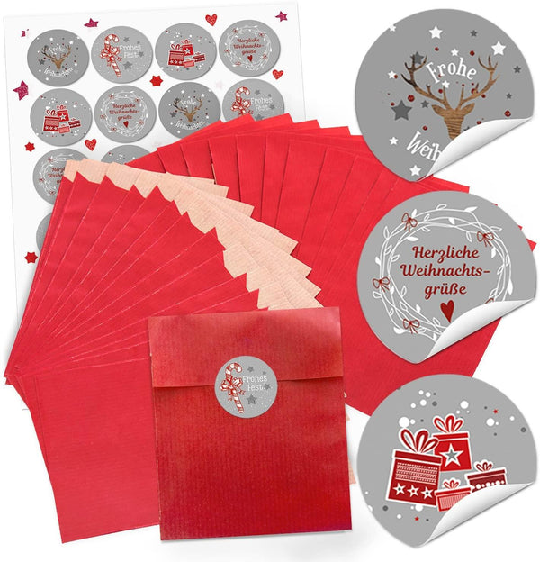 Logbuch-Verlag 24 rote Geschenktüten Weihnachten Weihnachtstüten SET (13 x 18 cm) + 24 runde Aufkleber 4 cm rot weiß Zahlen 1 - 24 z. Befüllen