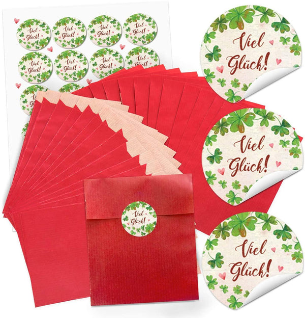 24 rote Papiertüten 13 x 18 cm + Aufkleber „VIEL GLÜCK“ – Geschenkverpackung für Silvester & Prüfungen
