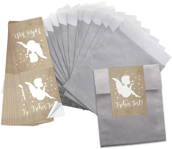 25 rote kleine Papiertüten Weihnachtstüten 13 x 18 cm + 25 rot schwarz weiße Santa Frohe Weihnachten Aufkleber 7 x 21 cm Geschenktüten give-away Verpackung Set - Tüten und Weihnachtsaufkleber