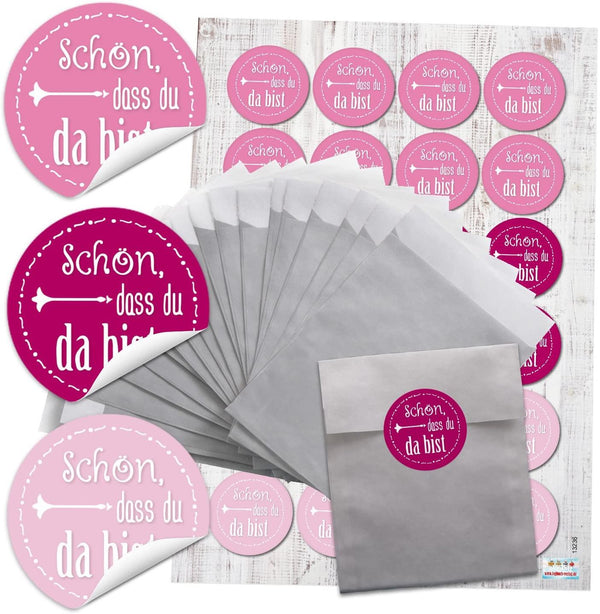 24 silberfarbene Papiertüten 9,5 x 14 cm + Aufkleber „Schön, dass du da bist“ – Give-Away & Gastgeschenk