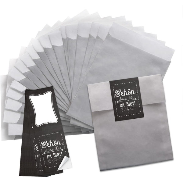 Silberfarbene Geschenktüten 13 x 18 cm + Aufkleber 5 x 14,8 cm – Neutral & Ganzjährig - Foto 1