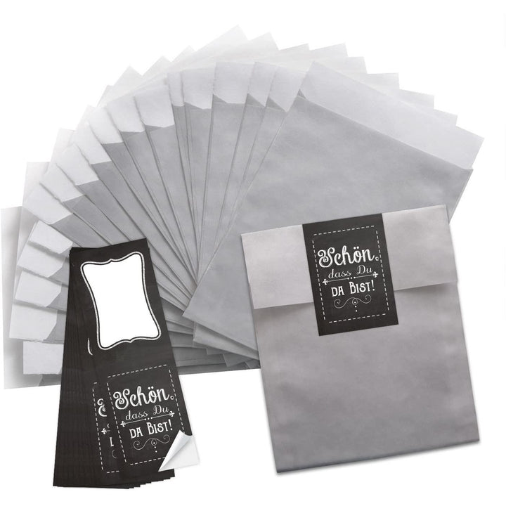 Silberfarbene Geschenktüten 13 x 18 cm + Aufkleber 5 x 14,8 cm – Neutral & Ganzjährig - Foto 1