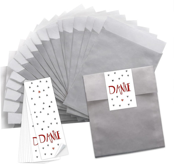 25 kleine rote Papiertüten Ostertüten Geschenktüten 17,5 x 21,5 cm + 25 Banderolen Osteraufkleber 5 x 15 cm Ostern Osterhase rot weiß Herz Verpackung Aufkleber Frohe Ostern zum Befüllen
