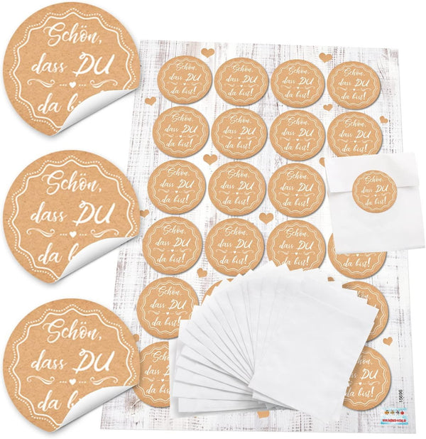 24 Stück kleine silber-farbene Papiertüten Geschenktüten Geschenk-Verpackung (13 x 18 cm) + 24 runde Aufkleber 4 cm SCHÖN DASS DU DA BIST in 3 Rosa Pink Rose Farben