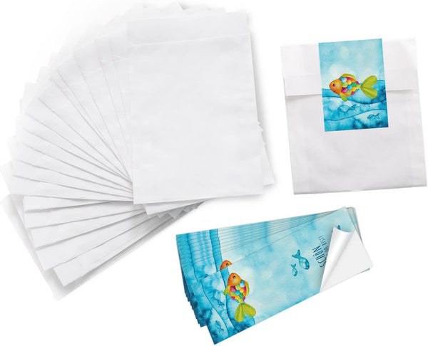 Weiße Flachbeutel 13 x 18 cm + Aufkleber 5 x 15 cm – Geschenkverpackung & Give-Away