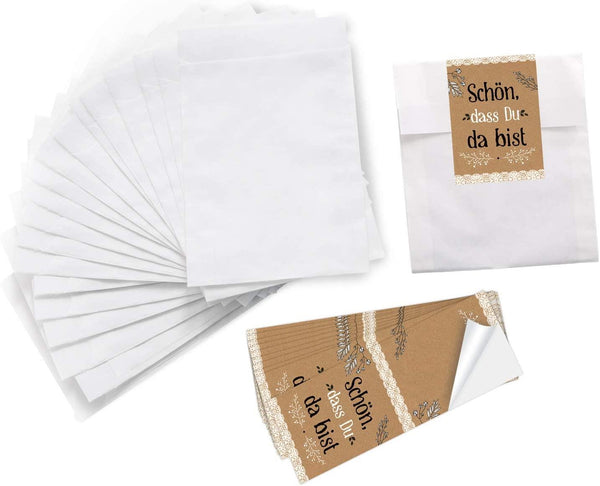 10 kleine weiße Papier-Tüten 10,5 x 15 cm Verpackung give-away+ 10 blau türkise Regenbogen-Fisch SCHÖN DASS DU DA BIST Aufkleber 5 x 15 cm Verpackung give-away