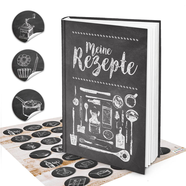 Geschenk-Set: XXL Rezeptbuch zum Selberschreiben TAFEL-KREIDE-LOOK + 1 Kochlöffel mit HERZ schwarz-weiß-grau DIN A4, 164 Seiten + Register zum freien Gestalten, DIY