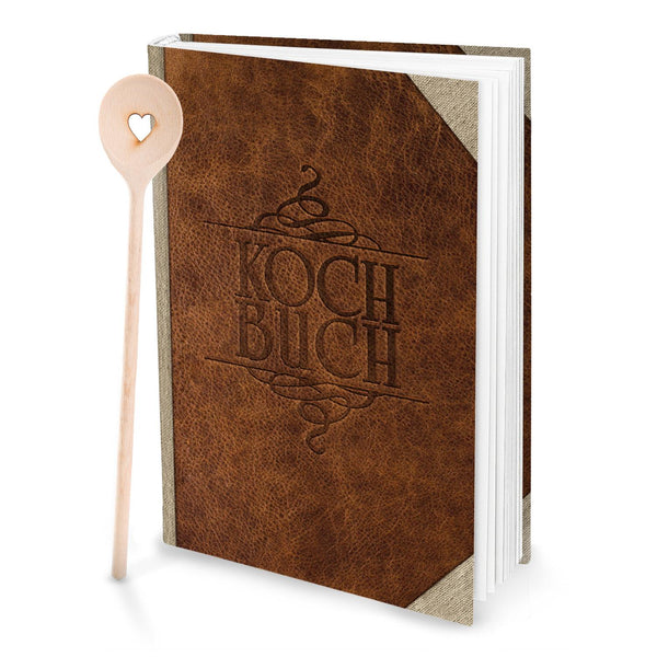 Rezeptbuch Geschenk-Set DIN A4 im Leder-Look – Hardcover „Meine Rezepte“ + wahlweise Sticker oder Kochlöffel