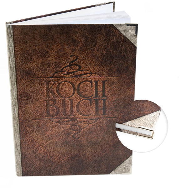 Großes Rezeptbuch in Lederoptik braun - leeres Kochbuch DIN A4 im Vintage Nostalgie Look mit Metallecken