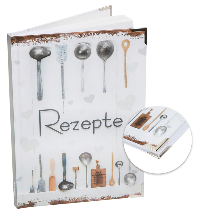 Kleines Rezeptbuch REZEPTE zum Selberschreiben weiß grau Shabby Chic mit Metallecken - Foto 1