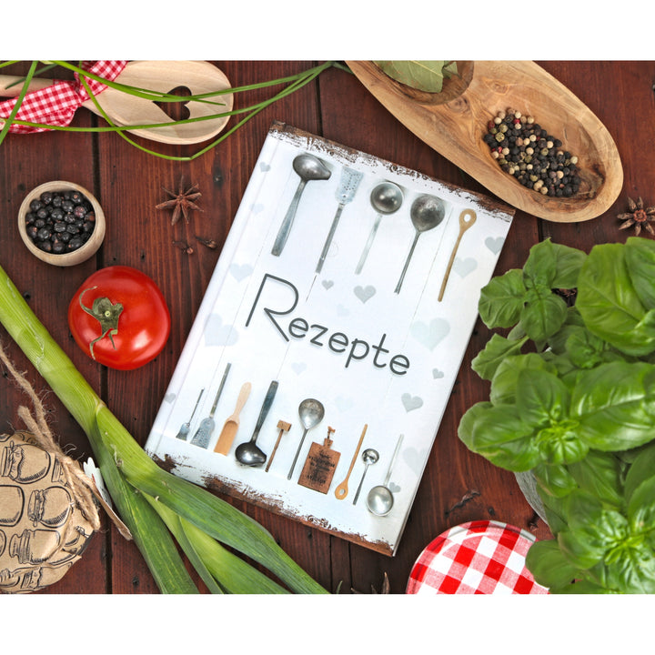 Kleines Rezeptbuch REZEPTE zum Selberschreiben weiß grau Shabby Chic mit Metallecken - Foto 6