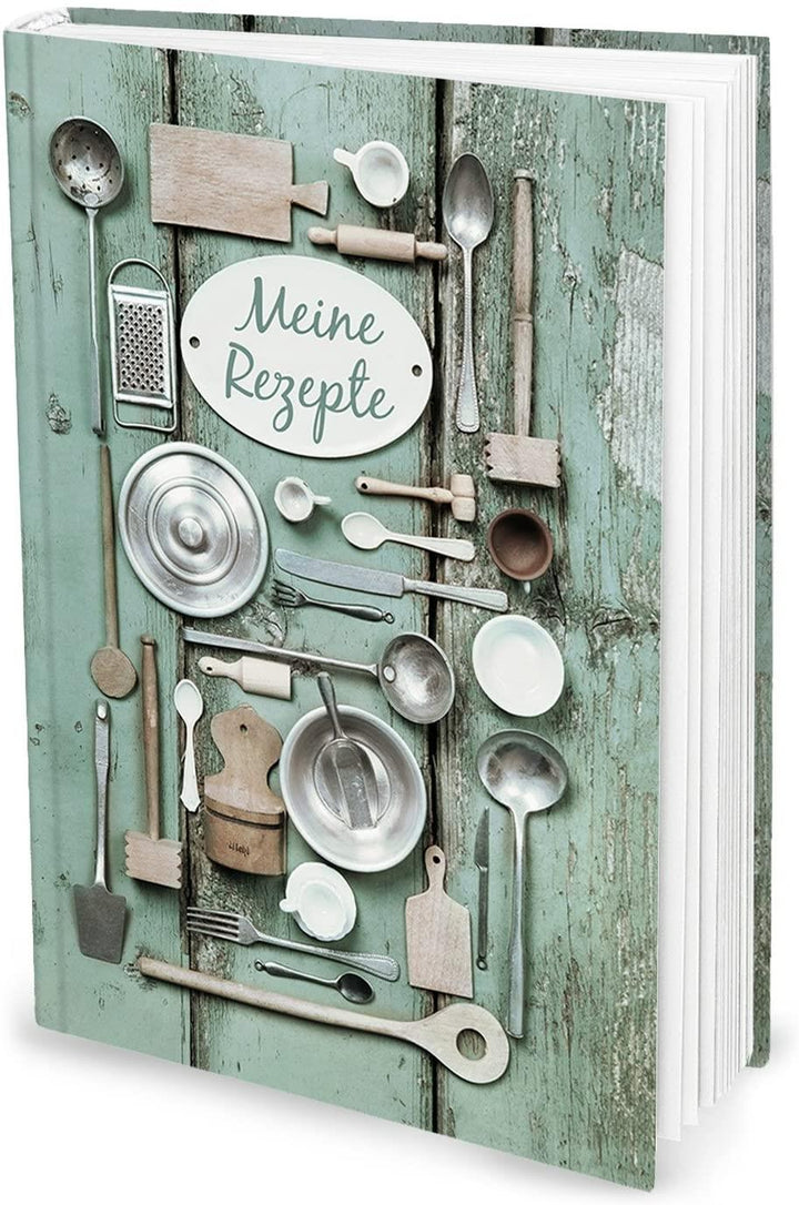 SET Rezeptbuch klein zum Selberschreiben SCHWARZ WEISS Vintage Nostalgie DIN A5 + Küchenaufkleber vintage + KOCHLÖFFEL HARDCOVER Kochbuch Buch Meine Rezepte Lieblingsrezepte - Geschenk Küche Kochen