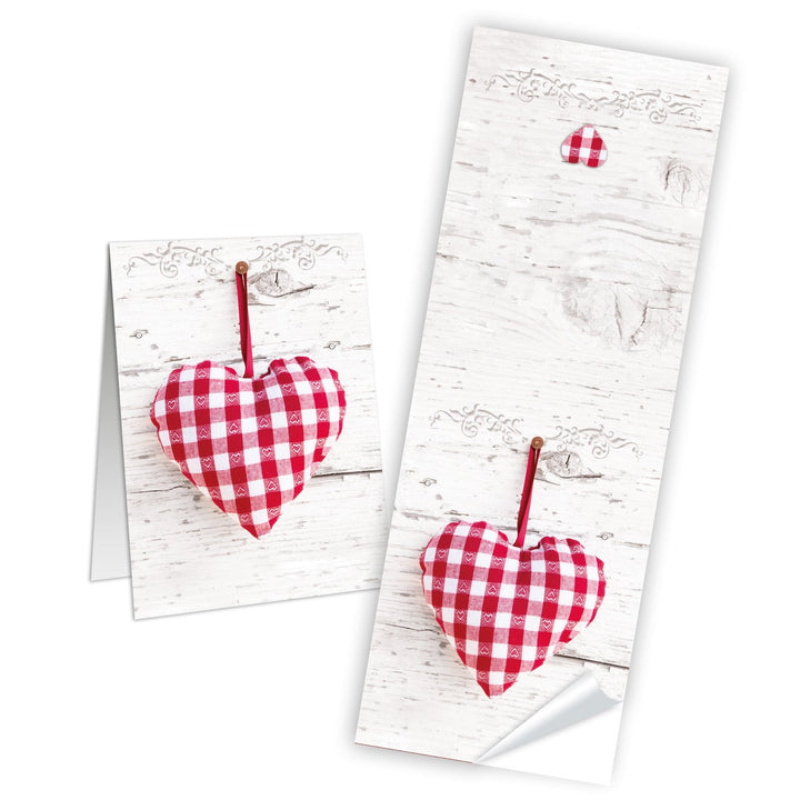 Herz Aufkleber länglich rot weiß kariert 5 x 14,8 cm 50 Stück