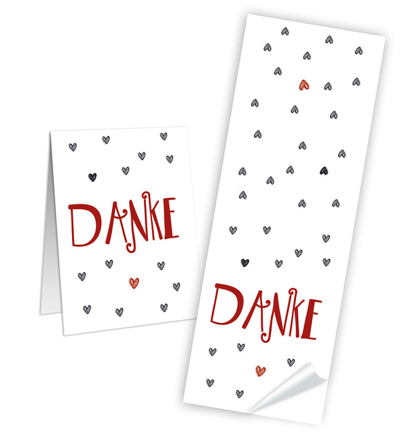 Dankesaufkleber länglich - 5 x 14,8 cm - weiß rot mit Herzen - Banderolen "Danke" 50 Stück