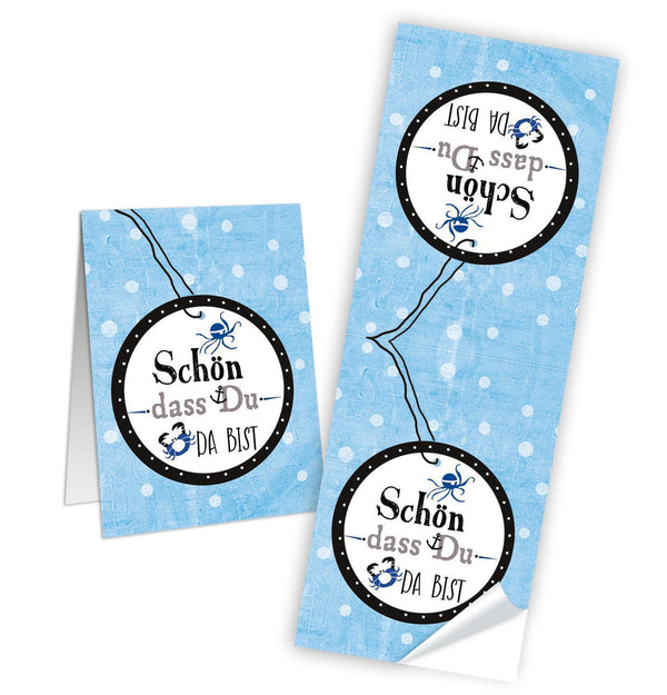Schön dass du da bist Aufkleber länglich 5 x 14,8 cm blau weiß 100 Stück