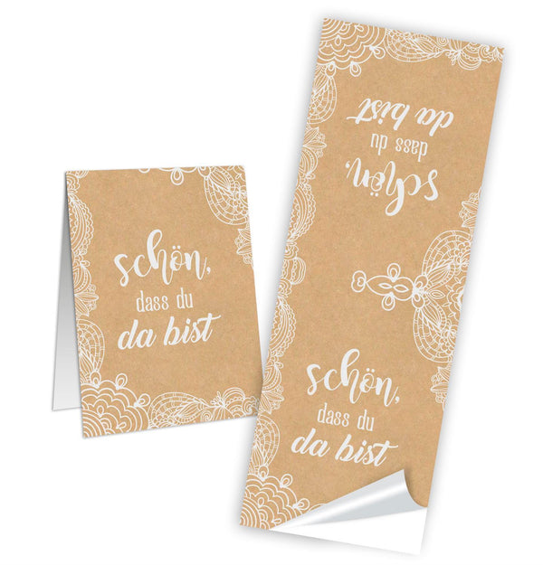 Geschenkaufkleber länglich "Schön, dass du da bist" braun weiß 50 Stück