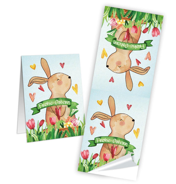 Frohe Ostern Aufkleber 5 x 14,8 cm Osterhase braun grün blau 10 Stück