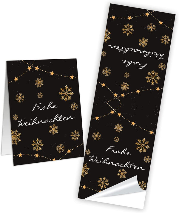 Frohe Weihnachten Aufkleber schwarz gold 5 x 14,8 cm 25 Stück