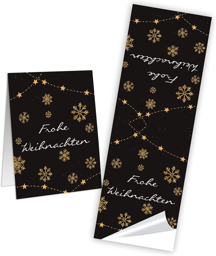 Frohe Weihnachten Aufkleber schwarz gold 5 x 14,8 cm 25 Stück