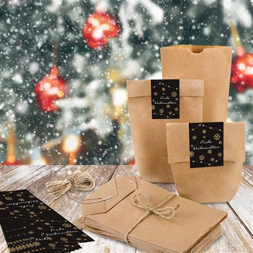 Frohe Weihnachten Aufkleber schwarz gold 5 x 14,8 cm 25 Stück